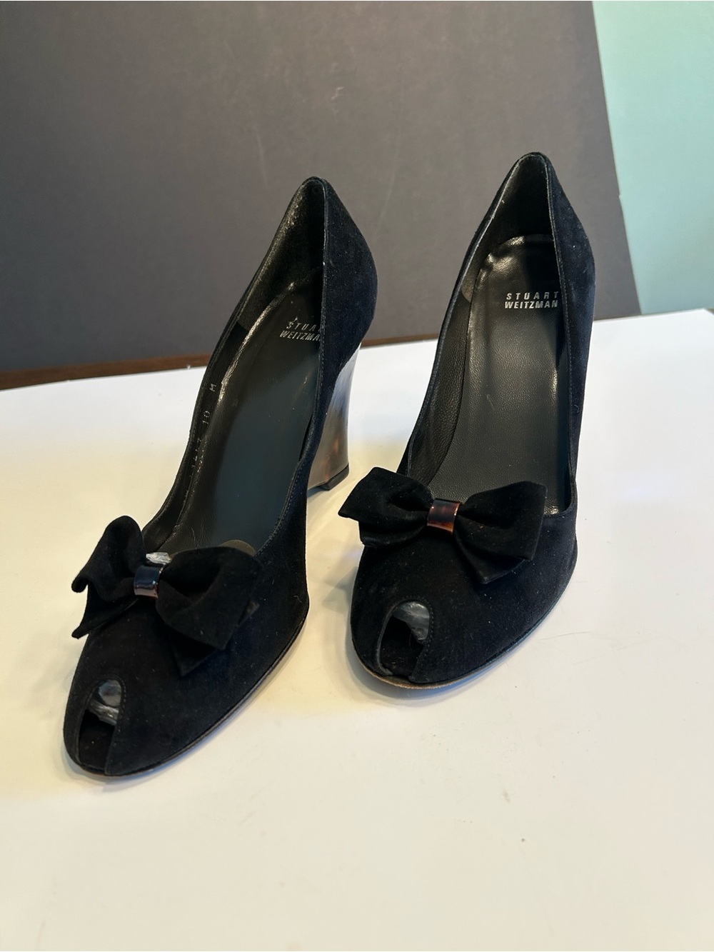 Stuart Weitzman Black Suede Peep-Toe Bow Wedge Pumps